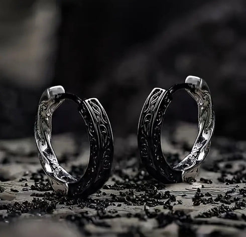 Retro Tang Grass Grain Sense Textured Black Silver Niche Men Women Hoop Earrings